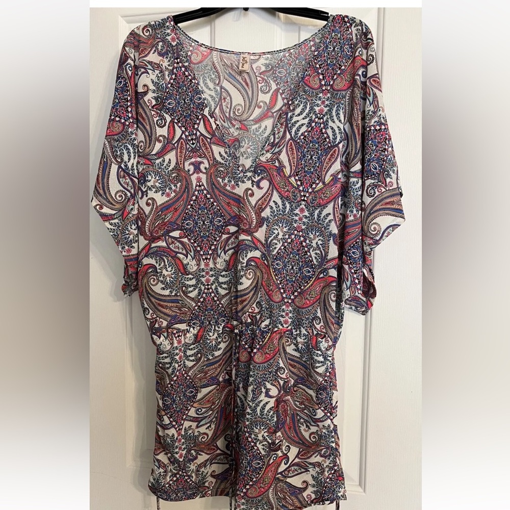 Luli Fama Miami - Cabana V Neck Dress Cover Up Red ,Blue And Ivory Size Small